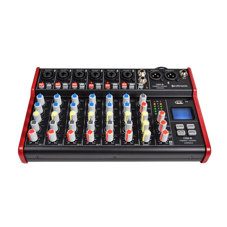 The Citronic CSM-8 Mixer With USB/Bluetooth Player is an eight-channel audio mixer equipped with a digital delay effect. It features various red, white, blue, and yellow knobs and switches, along with input jacks, sliders, microphone ports, and phantom power to control audio levels in sound production.