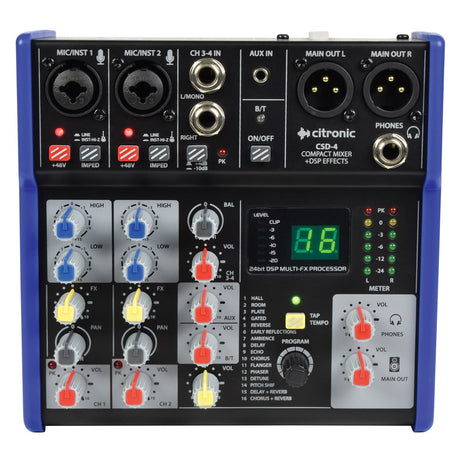 The Citronic CSD-4 Compact Mixer with BT Receiver + DSP Effects is a small audio mixer that features Bluetooth pairing and multiple input/output options, including mic/instrument and auxiliary ports. It offers 48V phantom power, various control knobs, an LED display, and proudly displays the brand name Citronic on the upper right side.