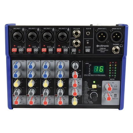 This image features the Citronic CSD-6 Compact Mixer with BT Receiver and integrated DSP effects. It includes multiple input channels, equipped with knobs for gain, balance, and equalization. With main outputs, an auxiliary input, and controls for adjusting audio levels, it is perfect for versatile sound management.