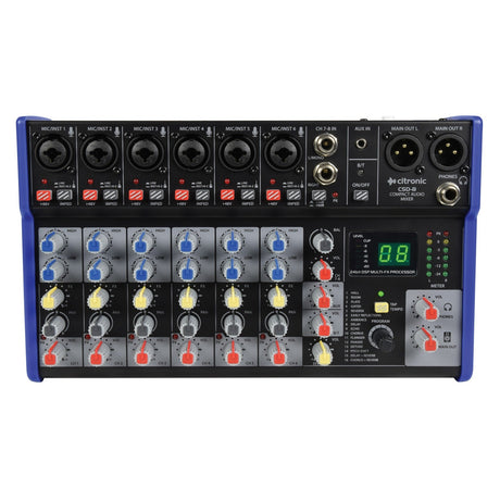 Introducing the Citronic CSD-8 Compact Mixer, equipped with DSP effects and Bluetooth pairing capabilities. This versatile audio mixer features various input ports, control knobs, and multiple MIC/LINE channels with colored adjustments for easy operation. The control panel boasts a digital display and clearly labeled outputs for main, aux, and headphone connectivity.