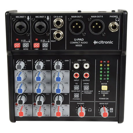 The Citronic U-PAD Compact Mixer With USB Audio Interface is equipped with numerous knobs, switches, and ports. It includes inputs for microphones and instruments, main outputs, USB connectivity for smooth recording experiences, and supports phantom power. Its control panel allows for volume, pan, and EQ adjustments complemented by LED level indicators.