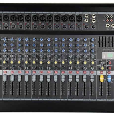 Citronic CSX-18 live mixing console by AVSL with 14 mono XLR/jack channels, stereo inputs, 3-band EQ knobs, faders, 7-band graphic EQ and USB/BT panel.