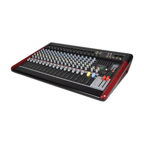 Citronic CSX-18 live mixing console shown at an angle with multiple channel faders, rotary knobs, graphic EQ sliders and red side trims on a white background.