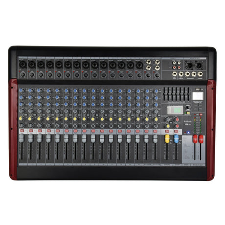 The Citronic CSX-18 Live Mixer With USB/BT Player + DSP Effects is a large live mixing console featuring multiple channels, knobs, and faders, along with a variety of input and output ports on the top panel. It is equipped with an LCD screen and control buttons on the right side, includes phantom power support, and showcases a striking black and red color scheme.