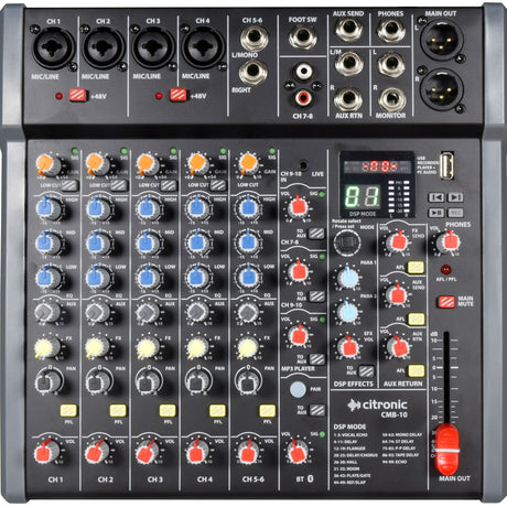 Citronic CMB-10 top-down view of a grey mixing console with mic/line XLR inputs, EQ and gain knobs, DSP display, USB port, and red channel faders.