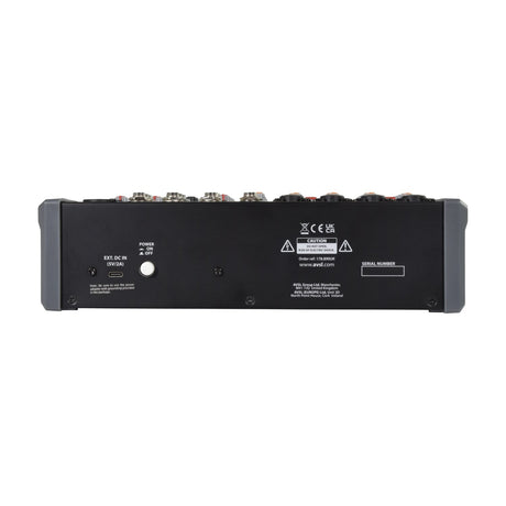 Citronic CMB-10 mixing console rear panel with power switch, DC input port, and safety labelling on black casing, shown on a white background.