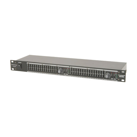 Citronic CEQ215 dual 15-band graphic EQ processor in a 1U rackmount chassis with faders, gain knobs and LED meters for channels A and B.