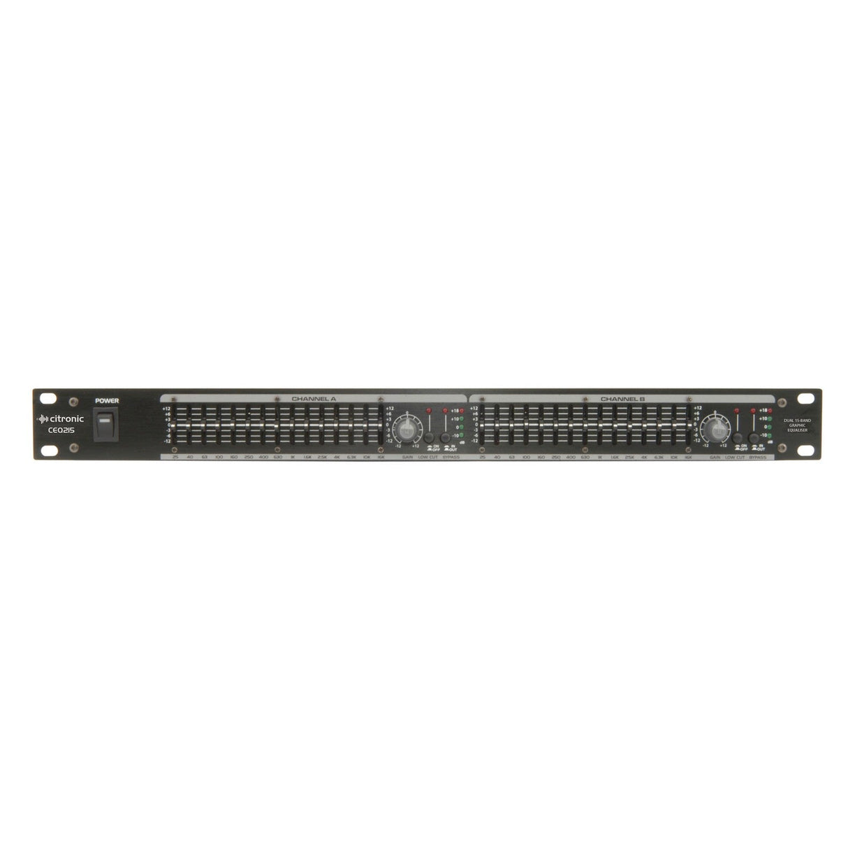 Front view of a Citronic CEQ215 black rack-mounted dual graphic equalizer featuring multiple sliders and knobs for precise audio spectrum control, complete with constant Q indicators and a power switch on the left side.