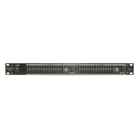 Front view of a Citronic CEQ215 black rack-mounted dual graphic equalizer featuring multiple sliders and knobs for precise audio spectrum control, complete with constant Q indicators and a power switch on the left side.