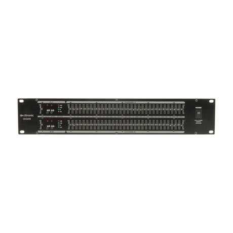 Citronic CEQ231 dual 31-band graphic equaliser in a black 2U rackmount chassis with faders, LED meters and power switch on a white background.