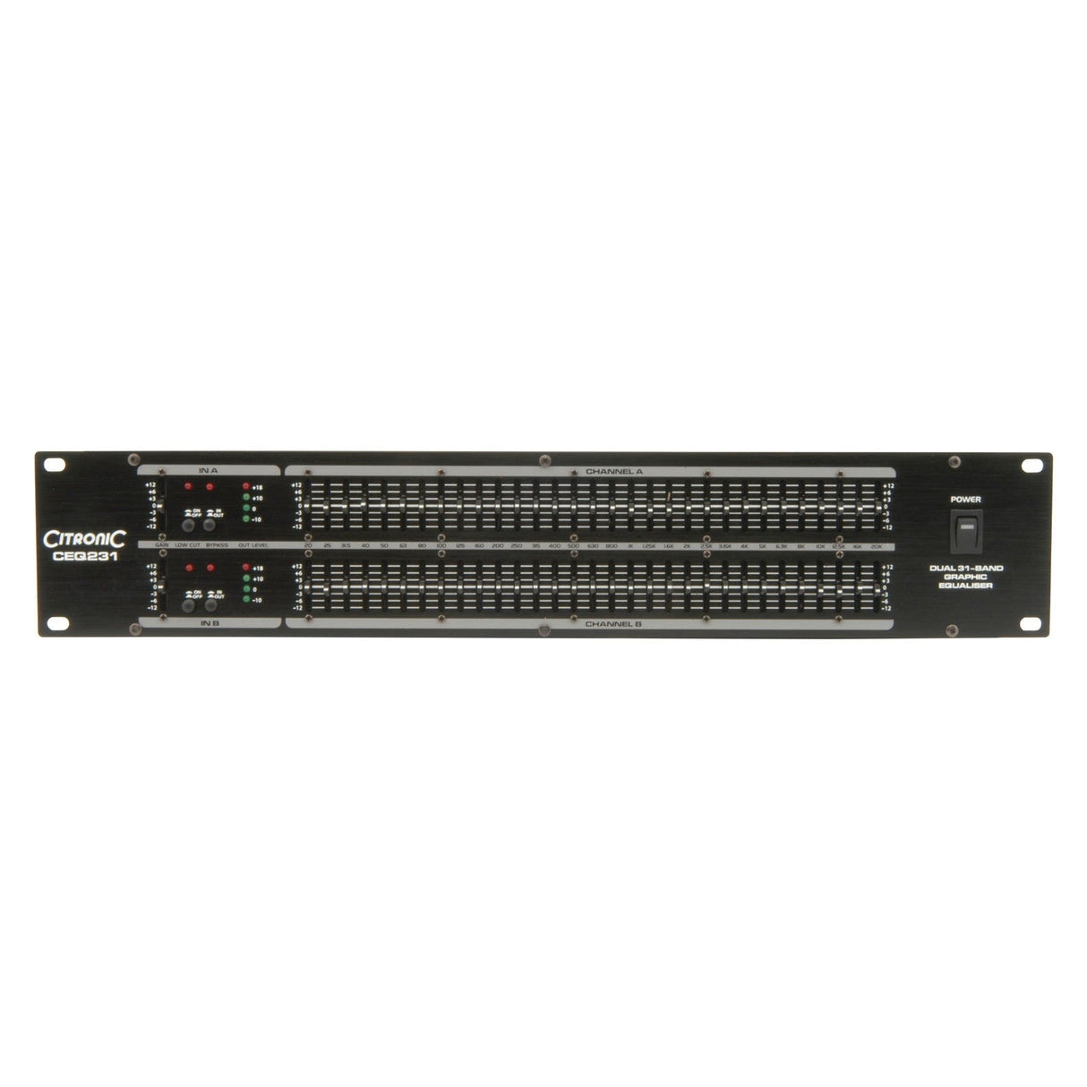 Front view of the Citronic CEQ231 2 x 31-Band Graphic EQ showcasing its dual 31-band equalizer with LED indicators on a sleek black panel, expertly designed for seamless integration into a 19" 2U rack mount in professional audio setups. Ideal for precise frequency control in any sound environment.