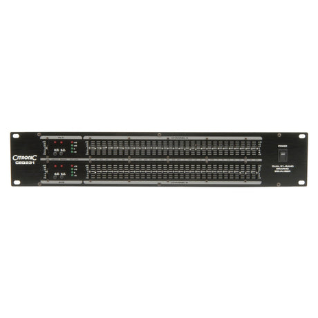 Front view of the Citronic CEQ231 2 x 31-Band Graphic EQ showcasing its dual 31-band equalizer with LED indicators on a sleek black panel, expertly designed for seamless integration into a 19" 2U rack mount in professional audio setups. Ideal for precise frequency control in any sound environment.