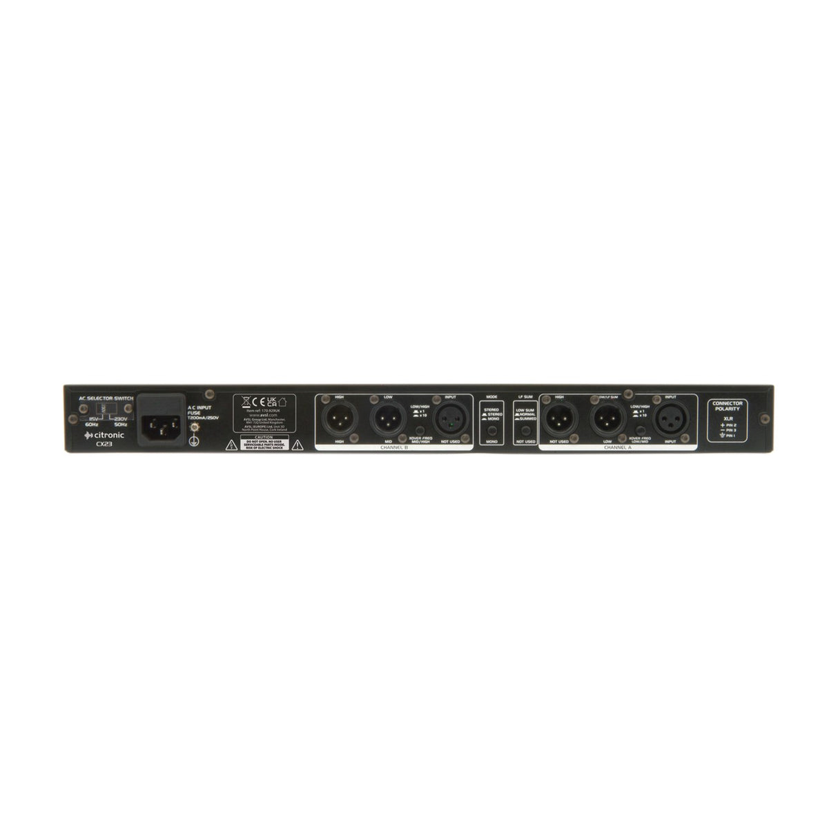 Rear panel of the Citronic CX23 2-way stereo 3-way mono active crossover with IEC power input, balanced XLR channel A and B connectors, on white.