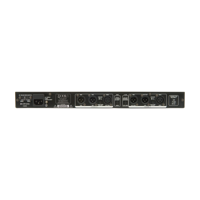 Rear panel of the Citronic CX23 2-way stereo 3-way mono active crossover with IEC power input, balanced XLR channel A and B connectors, on white.