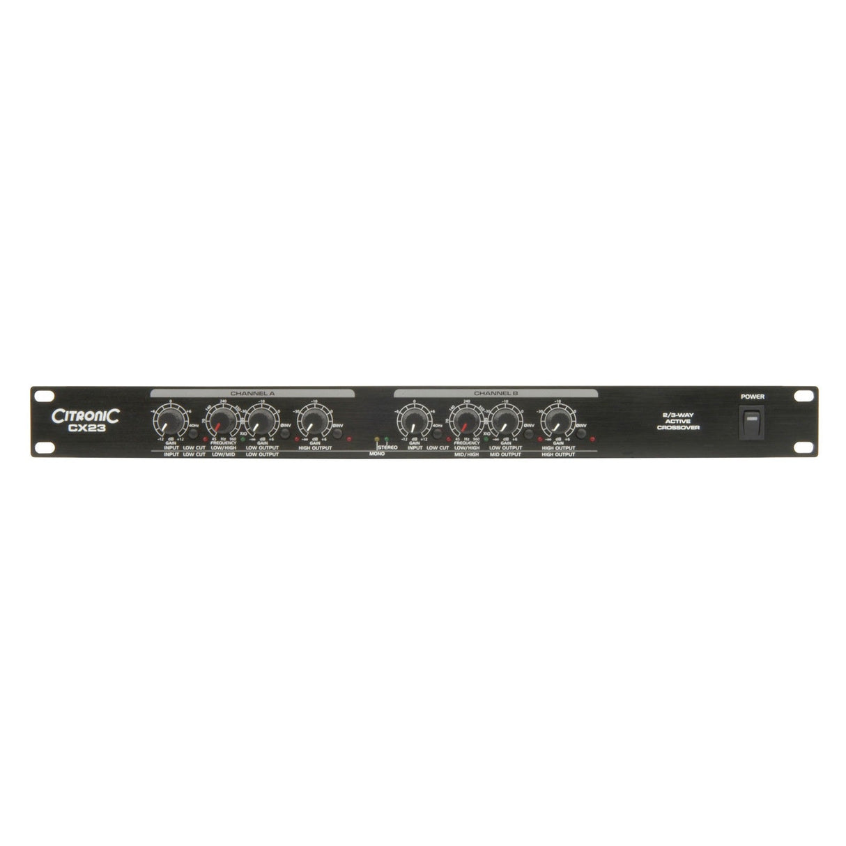 The Citronic CX23 Active Crossover - Stereo 2 Way/Mono 3 Way in black offers multiple control knobs and a power switch on its front panel. The controls are clearly labeled for adjusting various audio frequencies, accommodating both a 3-way mono and a 2-way stereo crossover configuration. This versatile audio device is designed to be rack-mounted.