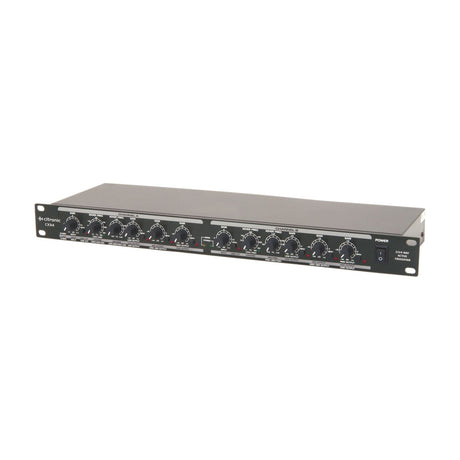 Citronic CX34 2/3/4-way active crossover, 1U rack unit with dual channel gain and Xover frequency controls, power switch, on a white background.