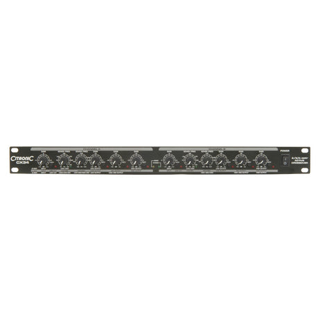 The black Citronic CX34 Active Crossover 2/3/4-Way audio processor includes a range of knobs and switches for sound equalization and processing, featuring an active crossover for precise frequency splitting. This rack-mounted unit is equipped with a digital display on the left side for easy monitoring.