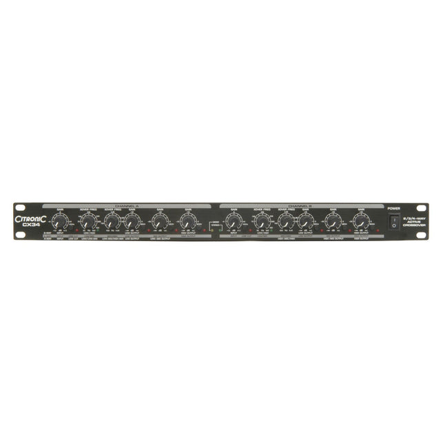 The black Citronic CX34 Active Crossover 2/3/4-Way audio processor includes a range of knobs and switches for sound equalization and processing, featuring an active crossover for precise frequency splitting. This rack-mounted unit is equipped with a digital display on the left side for easy monitoring.