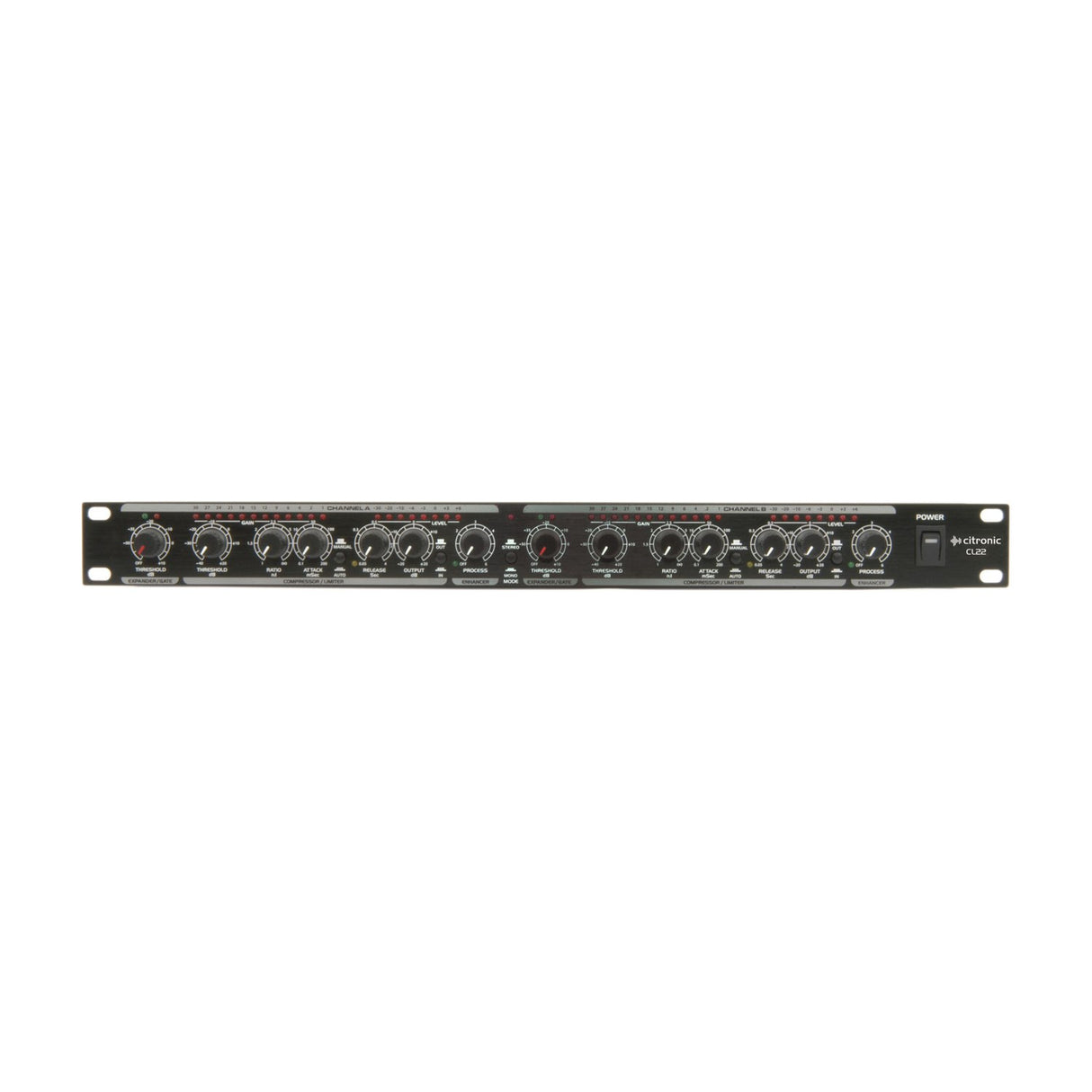 Citronic CL22 stereo compressor limiter gate, a 1U rackmount signal processor with dual channel controls, LED meters, and power switch, on white.