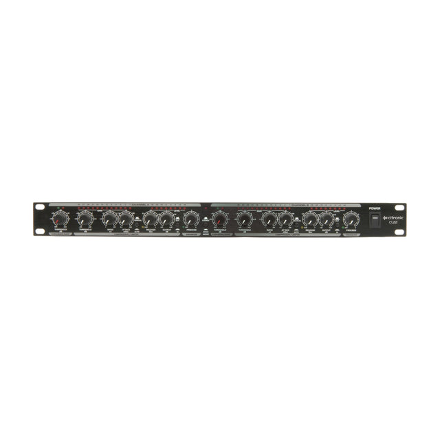 Citronic CL22 stereo compressor limiter gate, a 1U rackmount signal processor with dual channel controls, LED meters, and power switch, on white.