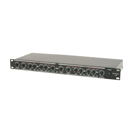 Citronic CL22 stereo compressor limiter gate, a 1U rackmount signal processor with dual channel knobs, LED meters and power switch, on white.