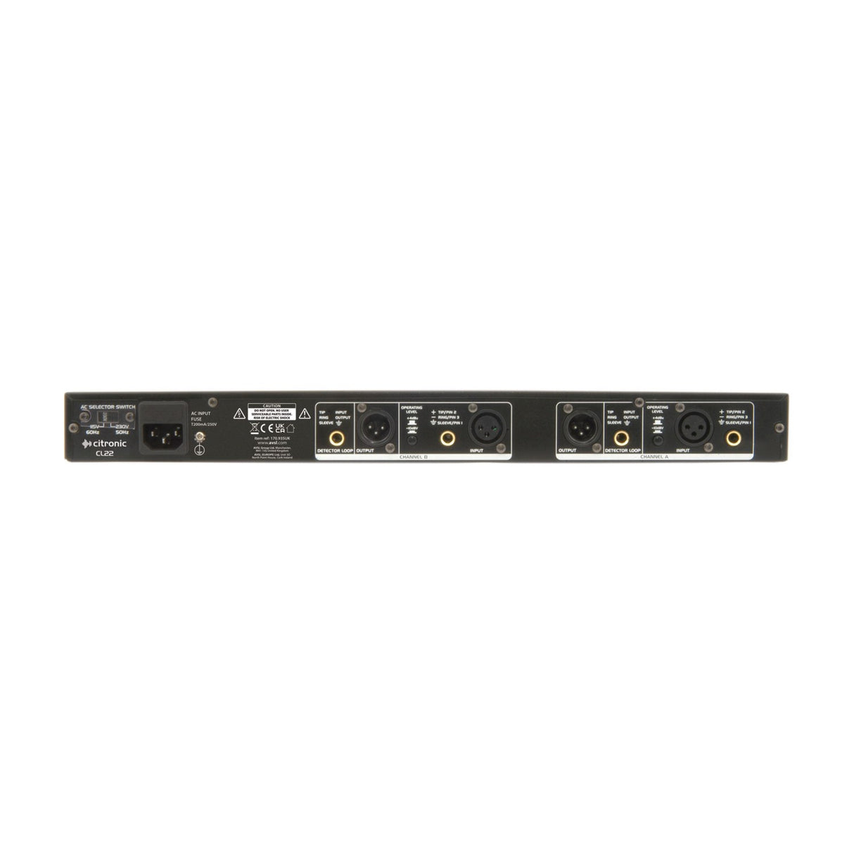 Rear panel of the Citronic CL22 stereo compressor limiter gate with IEC inlet, voltage selector, XLR and 6.3mm jack inputs and outputs for two channels.