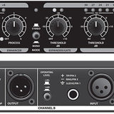 Close-up of Citronic CL22 Stereo Compressor Limiter Gate by AVSL showing enhancer and expander/gate knobs above channel B XLR and 6.35mm jack sockets.