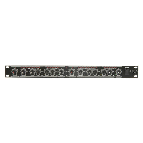 Image of a Citronic CL22 Stereo Compressor/Limiter/Gate, designed for dynamic range control and noise reduction. It features two rows of knobs, meters, and switches on a black panel, perfect for precise audio signal processing.