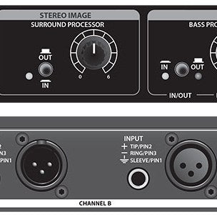 Close-up of the AVSL Citronic CE22 Stereo Enhancer/Exciter Processor showing surround and bass controls above rear XLR inputs for Channel B.
