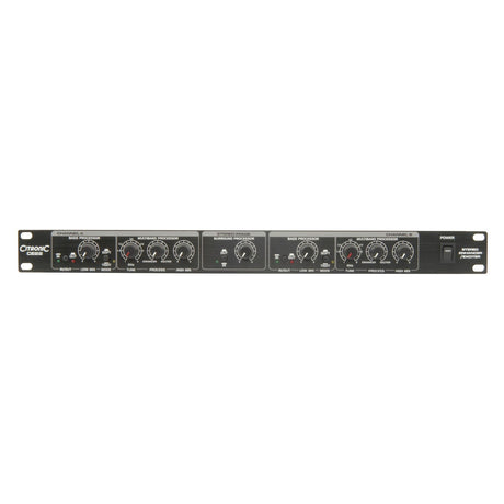 The Citronic CE22 Stereo Enhancer/Exciter is a professional audio processor boasting a sleek black front panel adorned with multiple dials and switches. It features clearly labeled controls for input, low and high EQ, bass frequencies, phase alignment, and power. The unit is designed for rack mounting.