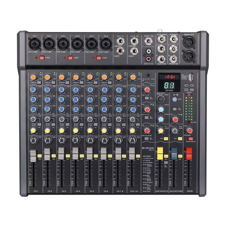 Citronic CMC-14 live mixing console with six mono mic/line XLR inputs, stereo channels, EQ knobs, faders, DSP display and USB port on a white background.