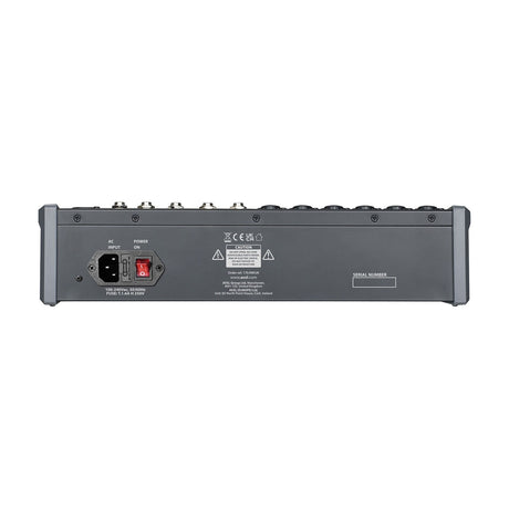 Rear panel of the Citronic CMC-14 live mixing console by AVSL, showing IEC AC input, power switch and rating label on a plain background.