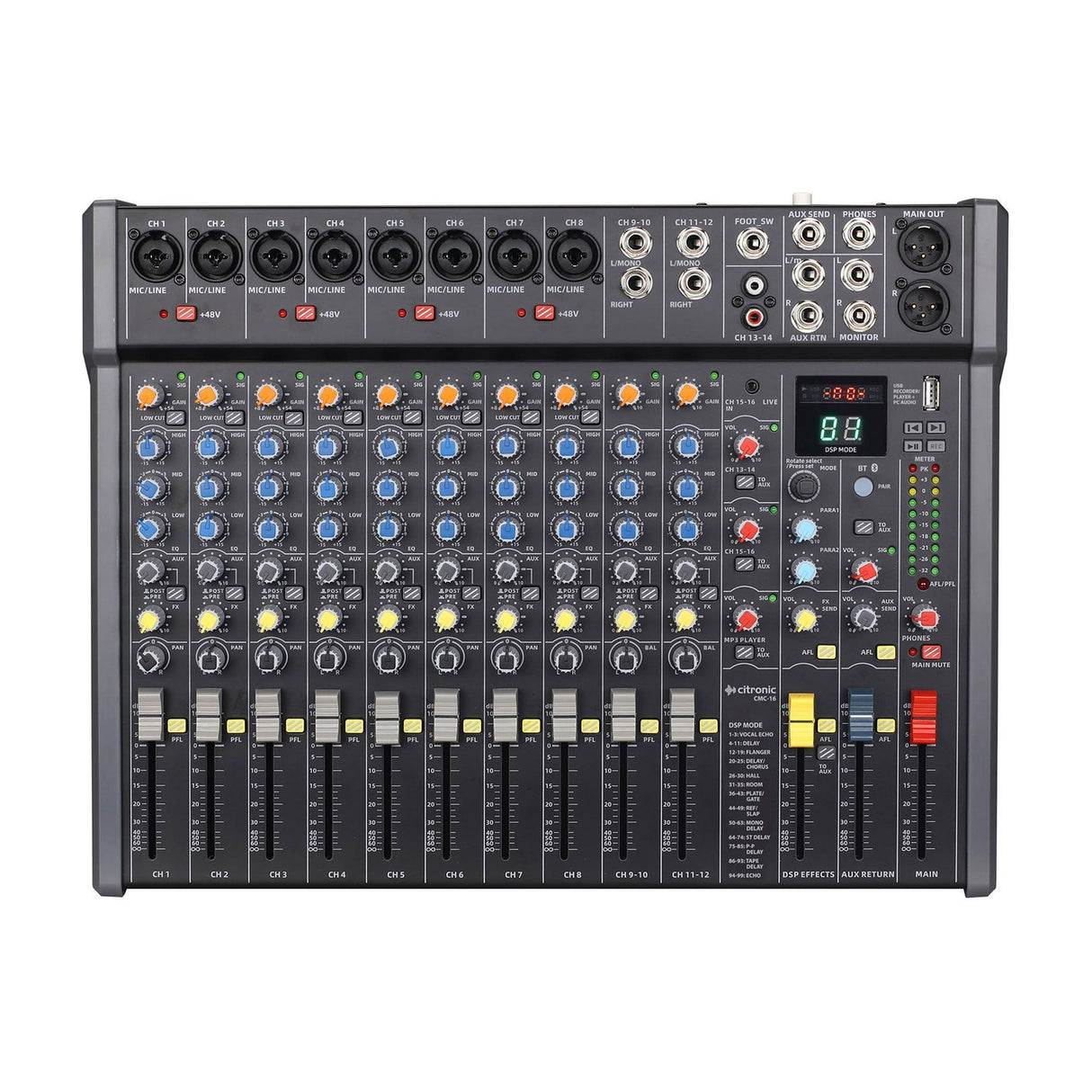 Citronic CMC-16 live mixing console with XLR mic/line inputs, channel EQ knobs, faders, DSP effects display and Bluetooth controls on a white background.