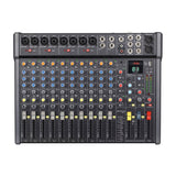 Citronic CMC-16 live mixing console with XLR mic/line inputs, channel EQ knobs, faders, DSP effects display and Bluetooth controls on a white background.