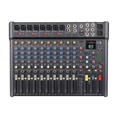Citronic CMC-16 live mixing console with XLR mic/line inputs, channel EQ knobs, faders, DSP effects display and Bluetooth controls on a white background.
