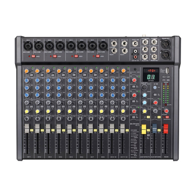 Citronic CMC-16 live mixing console with XLR mic/line inputs, channel EQ knobs, faders, DSP effects display and Bluetooth controls on a white background.
