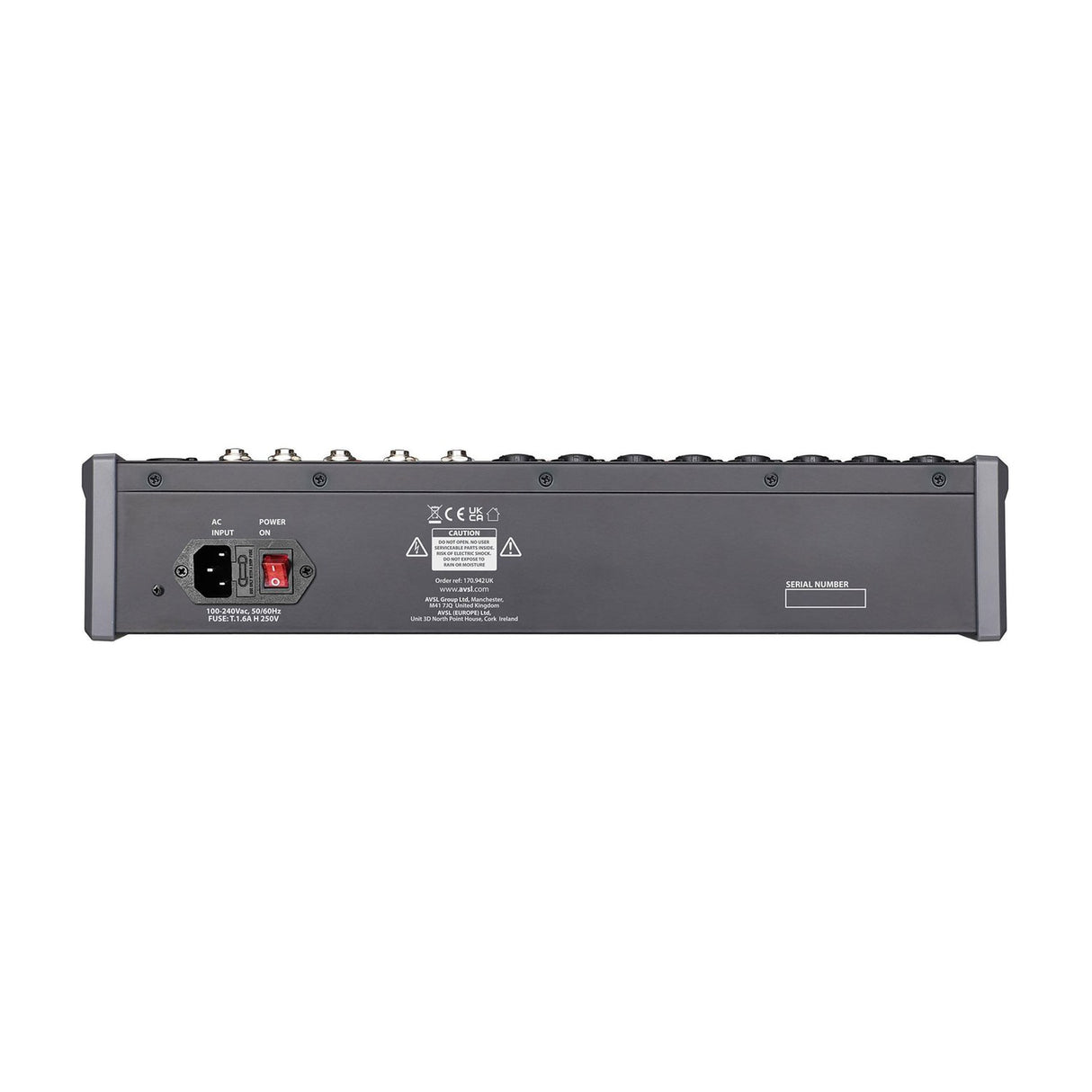 Rear panel of the Citronic CMC-16 mixing console showing IEC AC input, power switch, fuse holder and caution label on a plain white background.