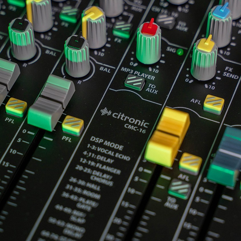 Close-up of the Citronic CMC-16 mixing console by AVSL, showing green, yellow and red rotary knobs, channel faders, PFL and AFL buttons.