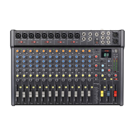 Citronic CMC-18 live mixing console with 10 mono mic/line channels, EQ knobs, faders, DSP display and USB/Bluetooth controls on a white background.