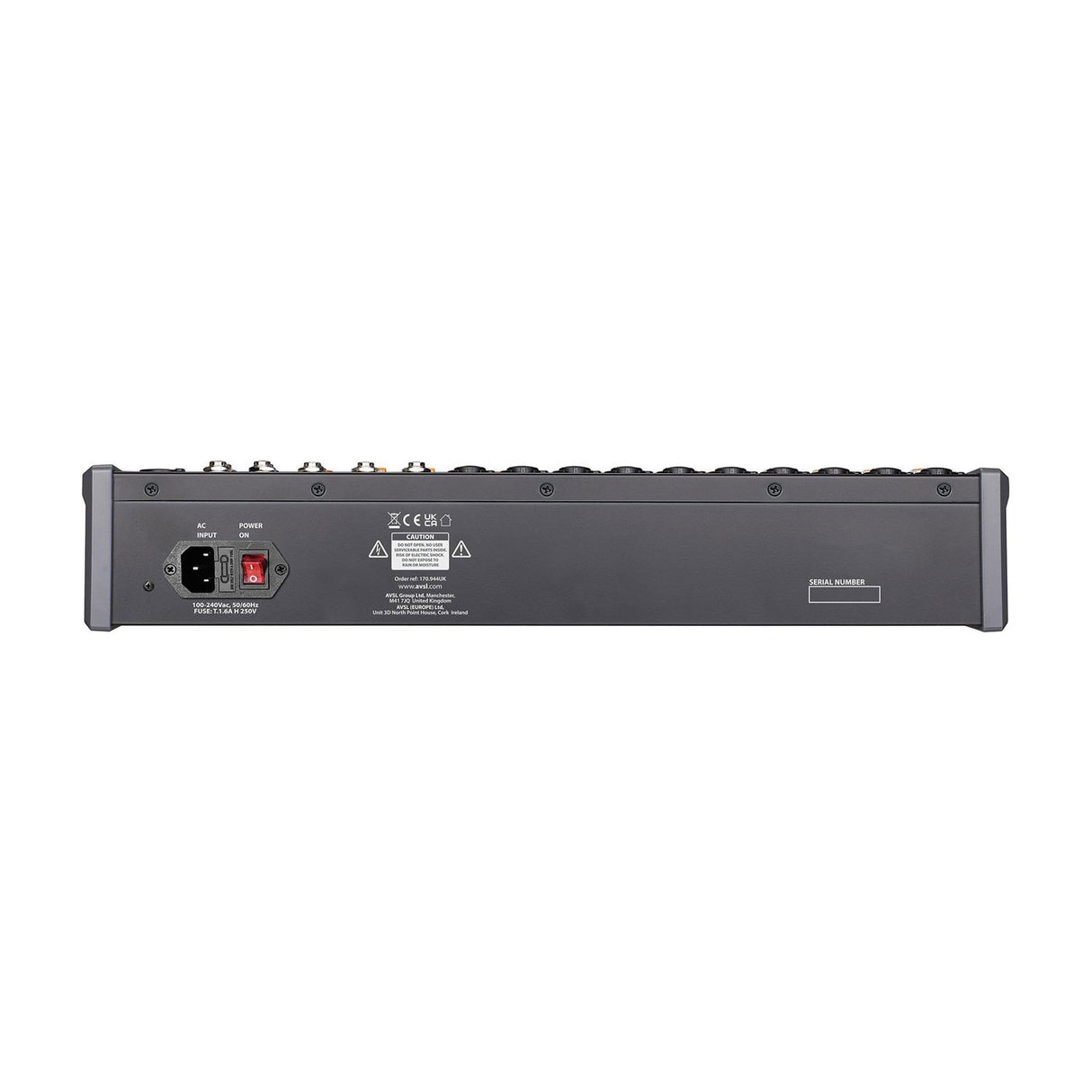 Rear panel of the Citronic CMC-18 mixing console by AVSL, showing IEC AC input, red power switch and rating label on a plain white background.