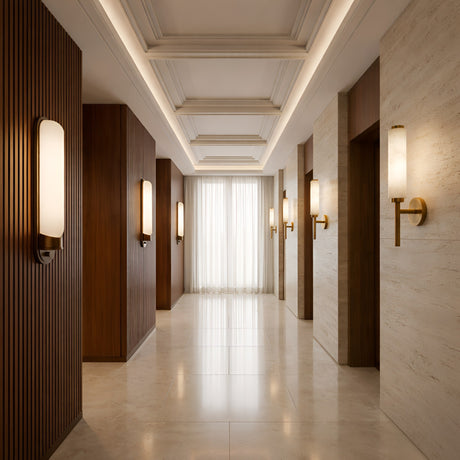 A modern hallway with polished marble floors, wood paneling, and beige walls is softly lit by Noctera LED Single Column Alabaster Wall Lights in Soft White & Brushed Brass. Large windows at the end are dressed with sheer white curtains.