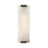 The Virelux LED Faceted Stone Alabaster Wall Light in soft white and black has a rectangular vertical design with a smooth alabaster-like translucent panel, accented by three black brackets at the top, center, and bottom.