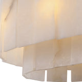 Close-up of the Arvello 12 Light Layered Panel Alabaster Linear Chandelier in Soft White & Brass, featuring translucent, frosted marble-like rectangular panels that softly glow with warm light.