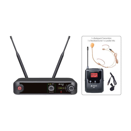 Chord XU1-B UHF bodypack microphone system with half-width rack receiver, dual antennas, bodypack transmitter, headset neckband and lavalier mic.