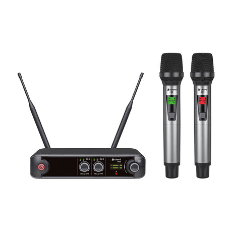 Chord XU2-H dual handheld UHF wireless microphone system with twin-antenna half-rack receiver and two silver handheld mics on a white background.