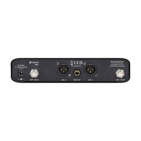 Rear panel of the Chord XU2-H dual UHF wireless microphone receiver by AVSL, showing DC input, two BNC antenna sockets, XLR outputs and 6.35mm mix out.