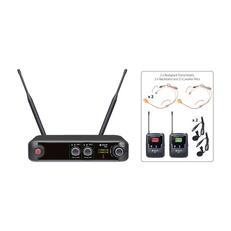 Chord XU2-B dual bodypack UHF wireless microphone system with twin-antenna receiver, two bodypack transmitters, two headset mics and two lavalier mics.