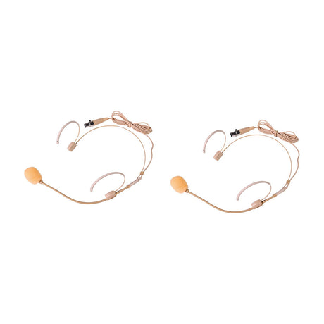 Pair of beige neckband headset microphones with foam-covered booms and mini XLR connectors, included with the Chord XU2-B wireless system, on white.