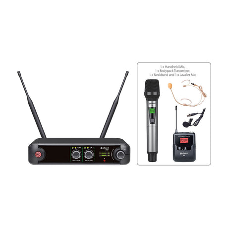 Chord XU2-C dual channel UHF wireless microphone system with twin-antenna receiver, handheld mic, bodypack transmitter, neckband and lavalier mic.