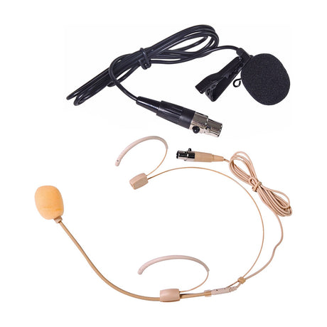 Chord XU2-C wireless microphone system accessories including a black lavalier clip-on mic and beige headset microphone with mini XLR connectors.